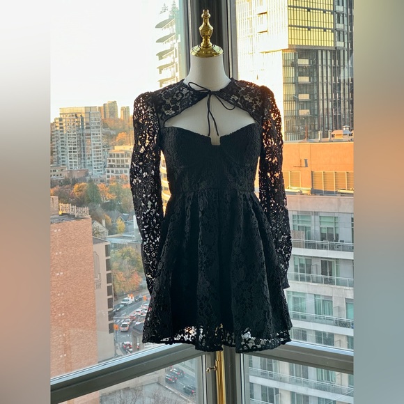 🆕 SELF-PORTRAIT 🧿 BNWOT Black Lace Tie-Neck Minidress, Sz US 6 / UK 10 - Picture 2 of 15